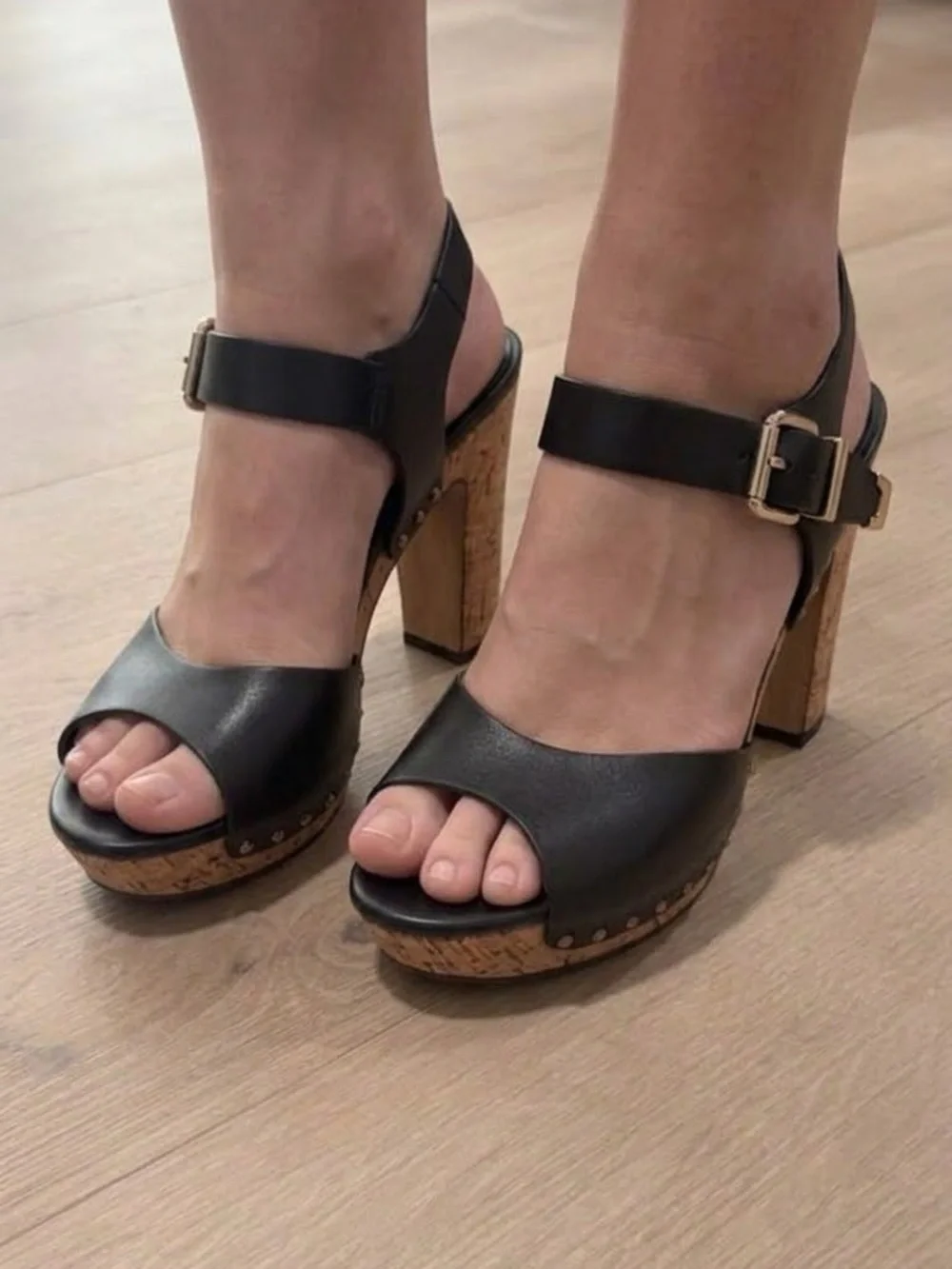 XOXO Black Cork Platform Block Heel Sandals